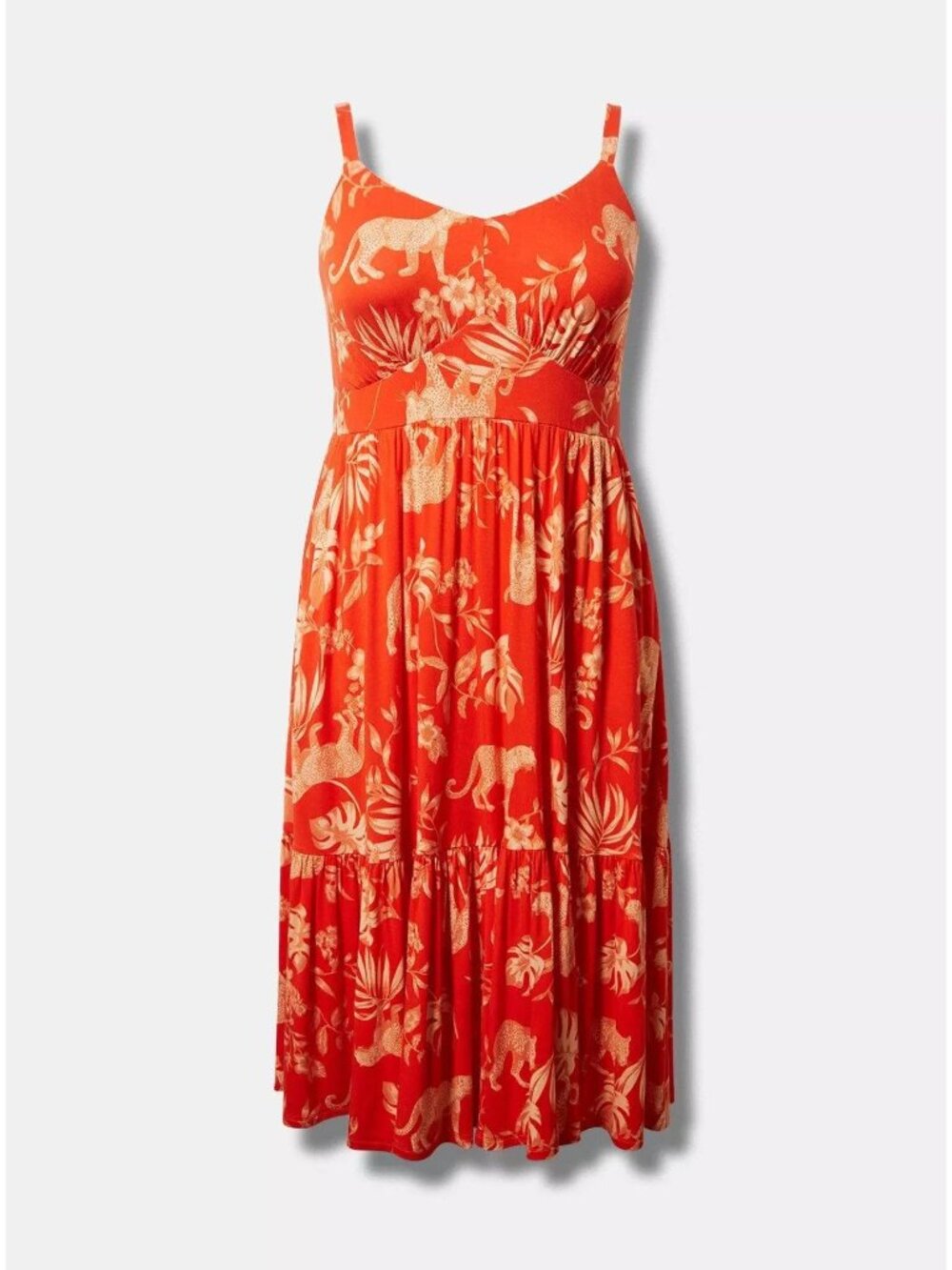 Torrid Midi Super Soft Orange Roaming Leopards Tiered Dress | 2X